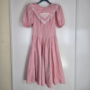 Vintage Prairie Pink And Ditsy White Floral Puff Sleeve Midi Dress Size 3 70s/80